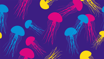 Vibrant vector illustration of colorful jellyfish floating in a deep purple ocean pattern © PDWN Creative