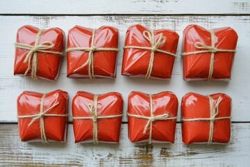 Eight red gift boxes on wooden surface