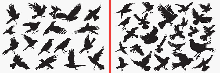 Obraz premium flying bird silhouettes vector, bird flock clipart, wildlife bird svg, nature bird illustration, freedom bird graphics, black bird silhouettes, sky vector art, bird motion design, flying bird collecti