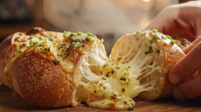 Close up of baked bread with melted cheese and herbs studio lighting