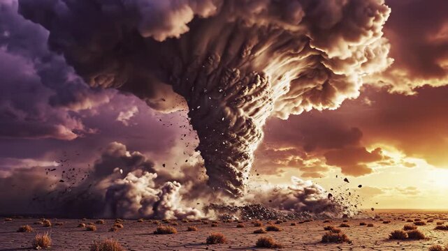 Massive tornado raging over arid desert landscape under dramatic storm clouds at sunset, 4k