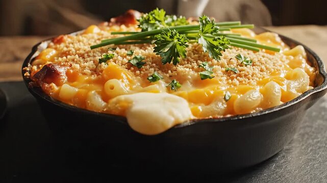 Close up of baked macaroni and cheese dish