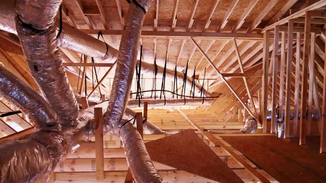 Workers are busy installing ductwork in attic ceiling of building under construction using metal plastic materials.