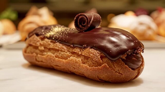 Close up of chocolate eclair dessert with garnish focus