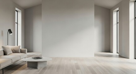 Fototapeta premium Minimalist interior scene featuring a light colored sofa marble coffee table and large windows with ambient light