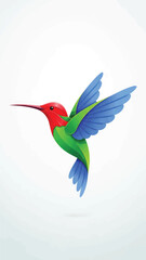Fototapeta premium Vibrant hummingbird in midflight with red throat and iridescent green-blue plumage exhibiting rapid motion.