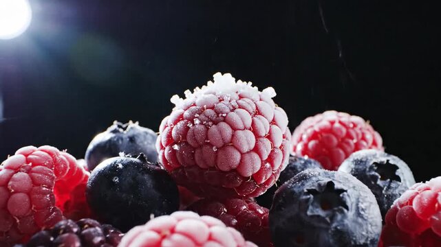 Close up of fresh berries against dark background with overhead lighting