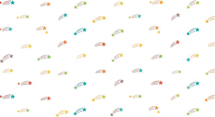 Seamless pattern of colorful shooting stars on a white background, perfect for whimsical designs and festive decorations