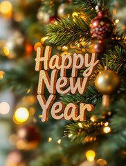 Happy New Year Greeting with Festive Christmas Tree Background