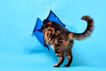 Obraz premium Playful Cat Emerging from Hole in Blue Paper
