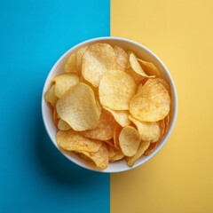 Potato chips on bowl on yellow background. Top view
