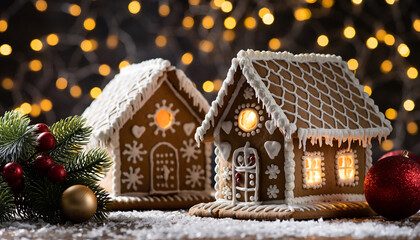 Two illuminated gingerbread houses decorated with icing and candy set against a bokeh background of Christmas lights.