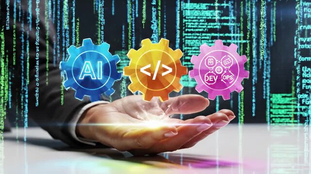 Hand holding glowing gears representing ai, coding, and devops against a background of falling digital code, 4k high quality