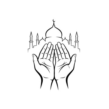 Hands praying towards a mosque illustration.