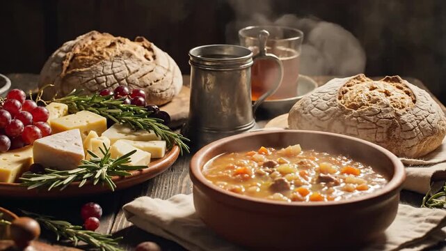 Close up of soup being served with bread and cheese on a wooden table