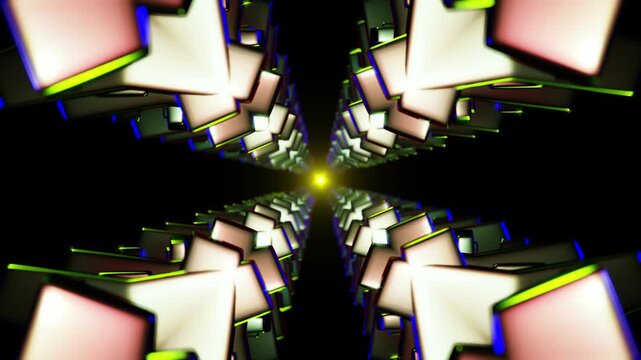 Kaleidoscopic tunnel of geometric cubes, glowing lights, reflections, neon patterns