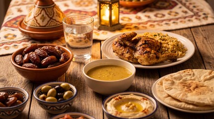 Fototapeta premium Moroccan Food Spread on Wooden Table with Tagine