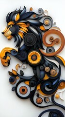 Artistic lion design with vibrant colors and curls.