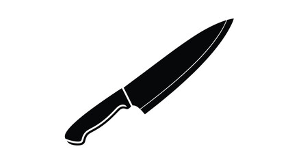 Fototapeta premium Black and white graphic silhouette of a sharp chef knife handle and long pointed blade angled upward isolated on a clean white background representing culinary tools.