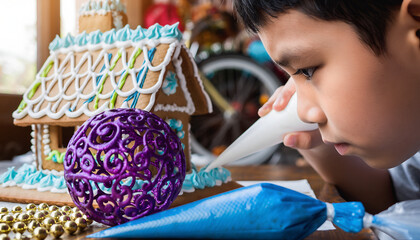 Young boy decorating a gingerbread house with icing.