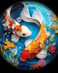 Colorful koi fish swimming among vibrant flowers.