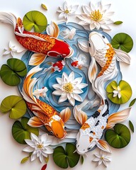 Colorful koi fish swimming around flowers.