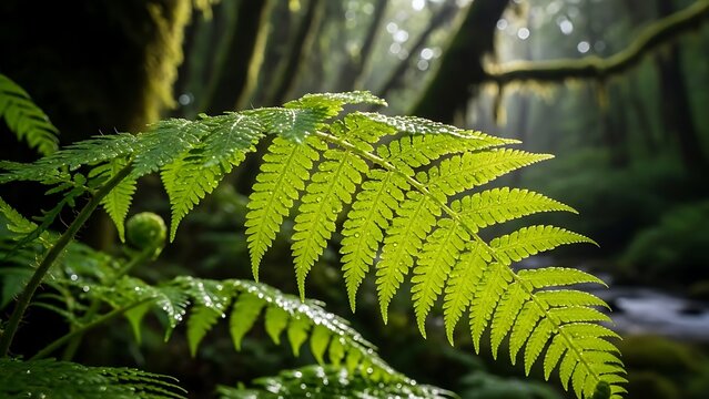 Vibrant green fern leaf illuminated by sunlight in a lush, mossy temperate rainforest with a blurred background of trees and a stream.