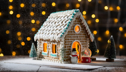 Festive Gingerbread House with Snowman and Christmas Lights.
