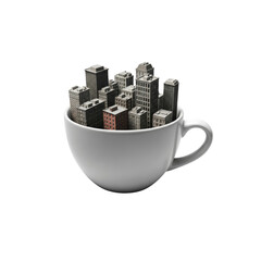 Cityscape in a white coffee cup on Transparent Background
