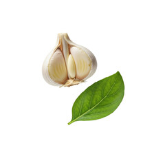 Half garlic bulb and basil leaf