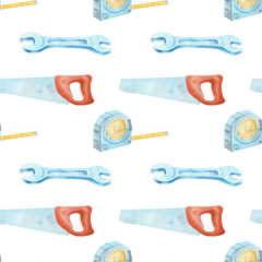Seamless watercolor pattern featuring hammer, saw, wrench and tape measure. Repeating carpentry tools background for men, ideal for packaging, textile prints, stationery, branding and DIY design.
