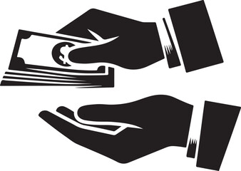 Vector icon depicting two hands in a financial transaction, one giving a stack of dollar banknotes and the other receiving.