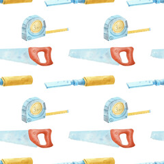 Seamless watercolor pattern featuring hammer, saw, wrench and tape measure. Repeating carpentry tools background for men, ideal for packaging, textile prints, stationery, branding and DIY design.