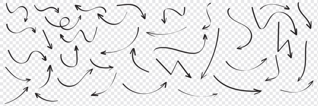 Doddle arrow set, collection of hand drawn arrows, Arrow mark icons. Black and white illustration