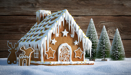Festive Gingerbread House and Christmas Trees in Snowy Landscape.
