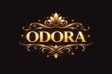Golden odora brand logo with elegant floral swirls and sparkling effects on a black background