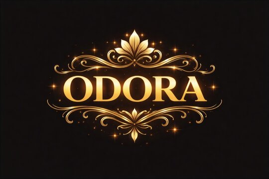 Golden odora brand logo with elegant floral swirls and sparkling effects on a black background
