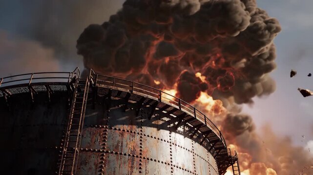 Massive industrial explosion on a rusted storage tank with debris flying, 4k high quality