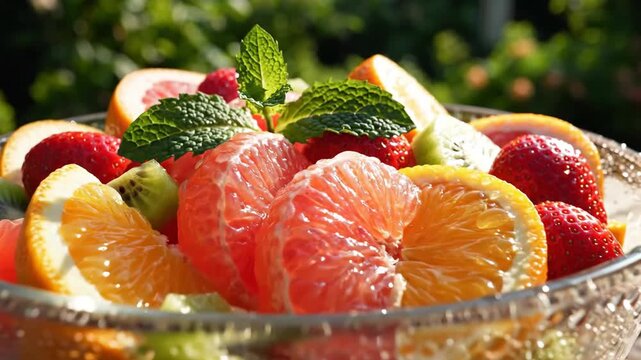 Fresh fruit salad in glass bowl with sunlight background