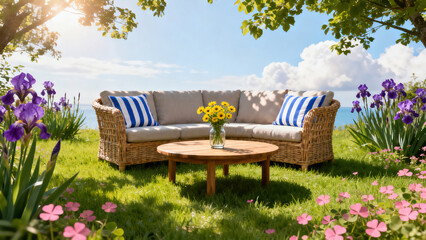 Pastoral Style Rattan Outdoor Sofa Flower Scene Photography