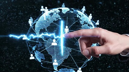 Businessman hand touching digital global network with people icons on dark background, 4k high quality - Powered by Adobe