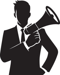 Silhouette of a businessman in a suit holding a megaphone, conveying concepts of announcement, public speaking, marketing, and communication.