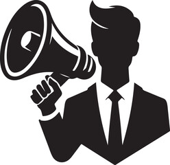 Silhouette of a businessman in a suit holding a megaphone, symbolizing communication, announcement, or marketing.