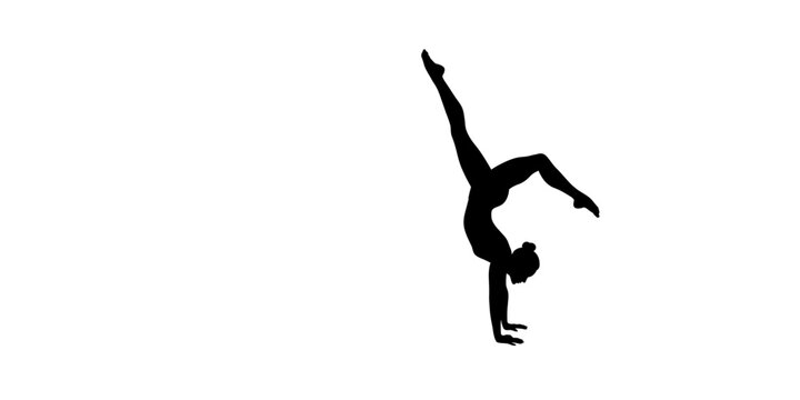 Silhouette of woman doing cartwheel on white background