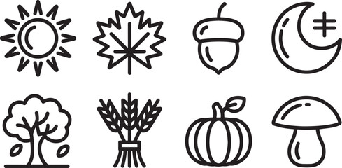 Collection of outline icons representing seasonal elements harvest and thanksgiving nature symbols set © MC Creative