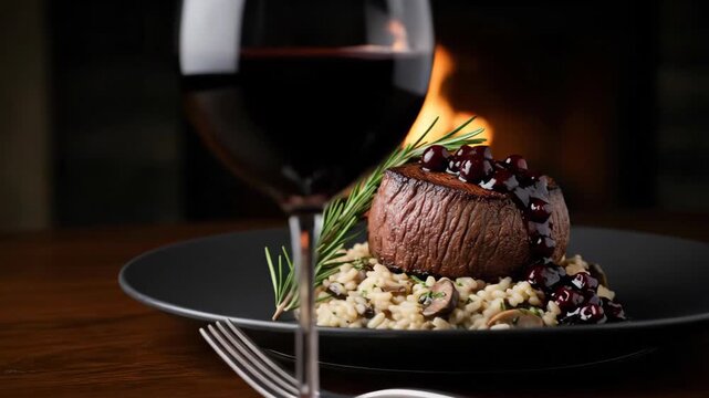Grilled elk tournedos steak with berry sauce and risotto on plate near fireplace with red wine, gourmet venison meat dinner.