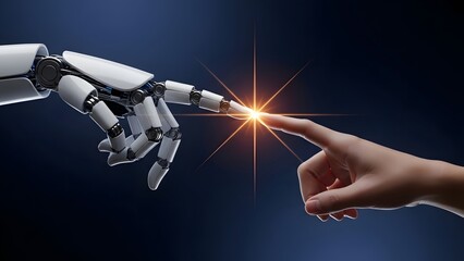 Sleek robotic hand and a delicate human hand are touching fingertips, creating a bright spark.