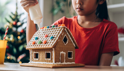 Young girl decorating a gingerbread house with icing during Christmas.