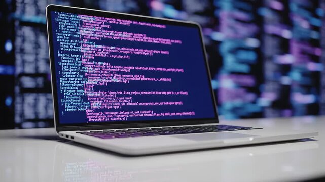 Closeup of a modern laptop displaying lines of glowing pink and blue code on screen, set against a dark, abstract digital background, 4k high quality