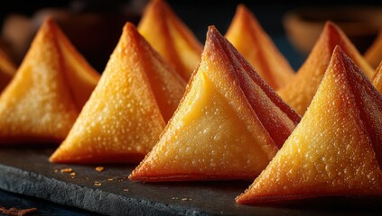 Golden triangular pastries arranged neatly on a dark slate surface, showcasing a crispy texture and delicious filling, perfect for culinary presentations and food photography